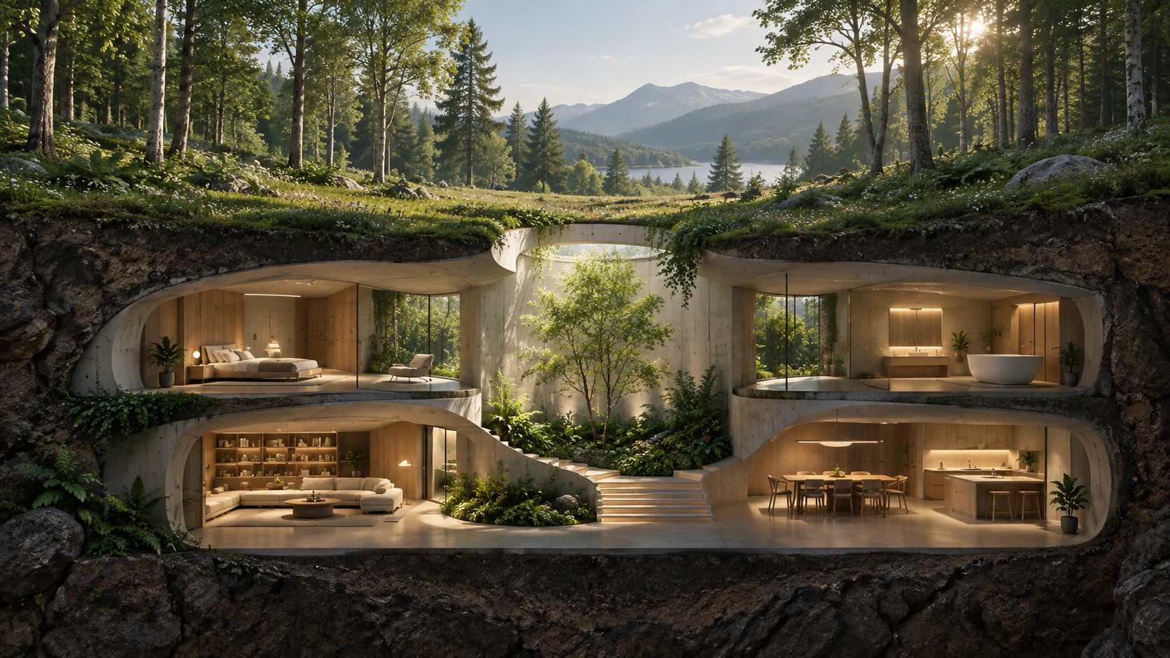 Conceptual section of an underground living space around a daylight courtyard in a wooded landscape